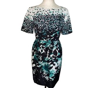 Brooks Brothers White, Black & Teal Patterned Midi Dress